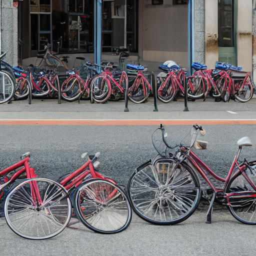 083_A bunch of bicycles parked on the street with items sitting around them.png